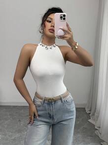 Elenzga Pailletten & Strass 3D Blumen Dekor ärmellose Strick-Trägershirt für Damen