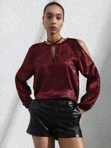 SHEIN Privé 时尚安哥拉红色高端设计优雅奢华复古休闲百搭交叉带长袖衬衫 - 紅色 - 查看 1