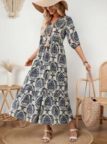 EMERY ROSE Women V-Neck Casual Mid-Length Split Hem Patchwork Dress, Spring/Summer Vacation - Multicolor - View 4