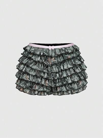 J-Fashion Y2K Style Bow Decor Camouflage Frill Trim Puff Mini Shorts