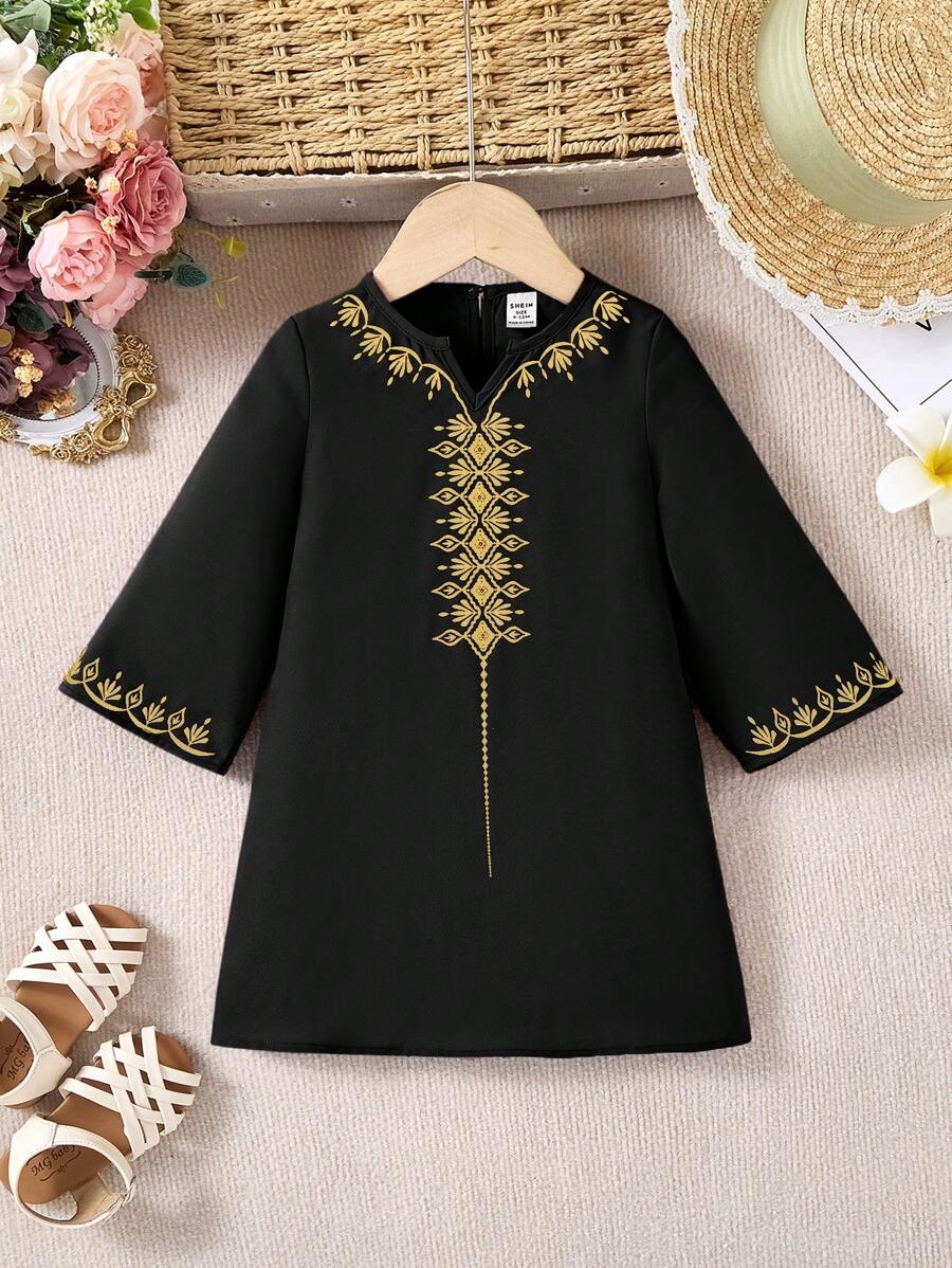 SHEIN Leap Crew Baby Girl Summer Floral Print Cute Vacation Black Long Sleeve Dress - Black - View 1