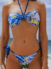 SHEIN Swim 2pcs/Set Printed Padded Halter Bikini Top Gold Metal Decor Side Tie Up Bikini Bottom, For Summer Vacation - Multicolor - View 6