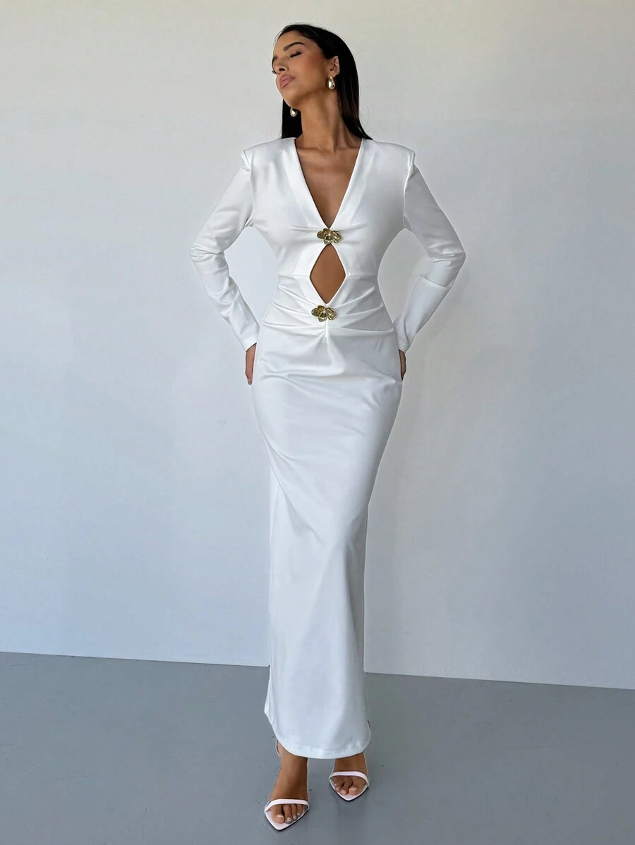 Aloruh 女士纯白色性感复古金属花朵装饰修身长袖连衣裙，优雅派对连衣裙，情人节装，情人节，女士连衣裙，优雅连衣裙，女士白色连衣裙，白色连衣裙，情人节连衣裙，女士礼服，女士优雅连衣裙 - 白色 - 查看 1