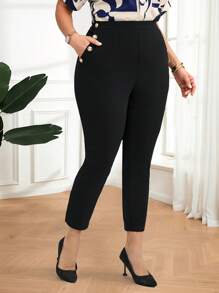 Miaspire Plus Size Casual Plain High Waist Slim Pants,Spring/Summer/Vacation - Black - View 6