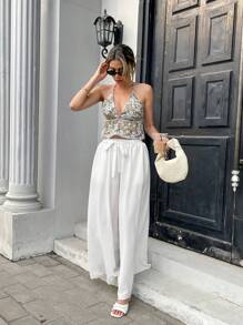 Chiquease 女士亚麻风格白色飘逸松紧腰阔腿休闲长裤 - 白色 - 查看 5