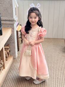 DAZY Ruched Short Puff Sleeve Elegant Dress - Pink - View 1