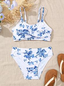 SHEIN Tween Girl Fitted Casual Floral Print Camisole Top Bikini - Blue and White - View 1