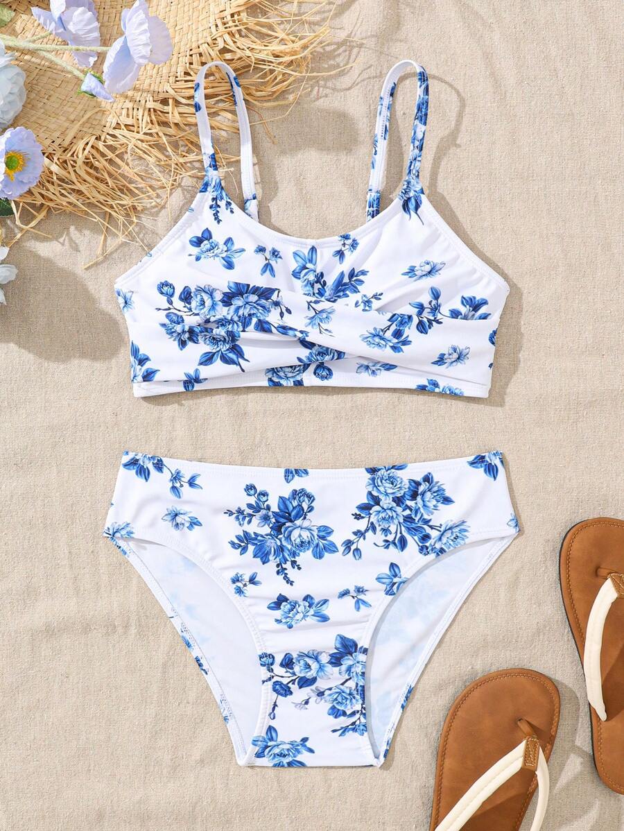 SHEIN Tween Girl Fitted Casual Floral Print Camisole Top Bikini - Blue and White - View 1