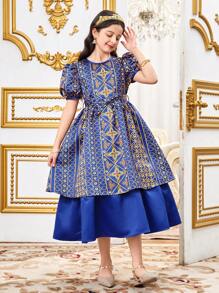SHEIN Tween Girls Woven Jacquard Floral Print Puff Sleeve Ruffle Hem Mix Dress, Regal Dress, Cobalt Blue - Royal Blue - View 13