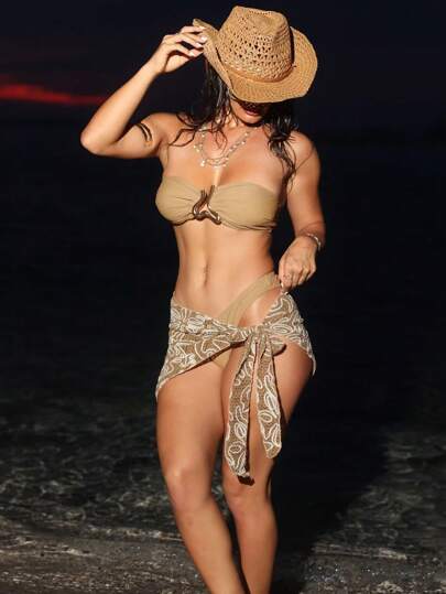 Swim SXY 3pcs Swim Beach Outfit Set For Women, Textured Solid Bandeau Top, Metallic Accent & Knitted Sarong Skirt, Summer Vacation Bikini