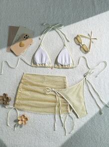 Swim Mod Set de 3 piezas de traje de baño de mujer para vacaciones de verano con bikini de unicolor y textura - Albaricoque - Ver 2