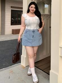 Dazy Plus 大码女式破洞牛仔短裤，带裙摆，四季皆宜，裙裤 - 藍色 - 查看 6