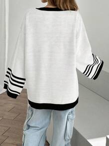 EURMUSE Casual V Neck Loose Fit Drop Shoulder Numeric Pattern Long Sleeve Sweater For Autumn Winter - White - View 2