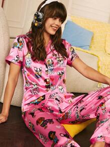 Cartoon Cute Puppy Pattern Women Pajama Set - Multicolor - View 3