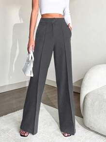 EURMUSE Women's High-waisted Pressed Trousers - Dark Grey - View 1