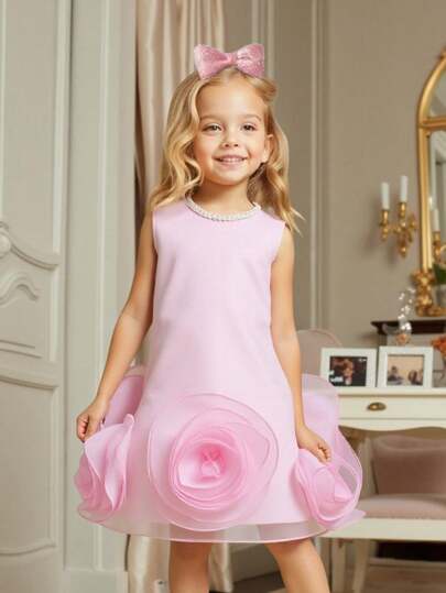 SHEIN Young Girl' Spring/Summer Solid Color Elegant High-End 3D Floral A-Line Dress, Made Of Soft Rose Chiffon Material