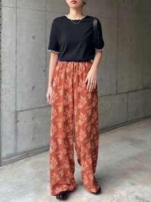 FRIFUL Women High Waist Long Pants Floral Print Vacation Style Trousers, Summer - Orange - View 2