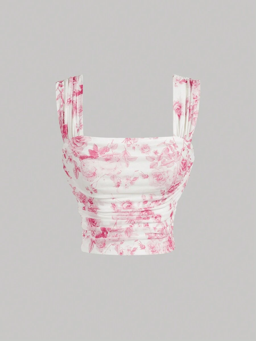 SHEIN MOD 女士方领深红色和白色花卉印花修身褶皱优雅魅力背心，秋季服装，万圣节服装，文艺复兴上衣，文艺复兴博览会 - 玫紅色 - 查看 1