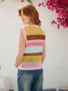 Skyraze 女士度假休闲撞色条纹镂空针织背心