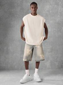 SUMWON 设计师花卉印花牛仔百慕大短裤复古水洗宽松夏季街头风格休闲棉质长款男式都市时尚牛仔短裤 - 藍色 - 查看 3