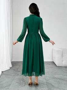 Modelyn 女式 A 字腰带褶饰下摆绿色中长连衣裙