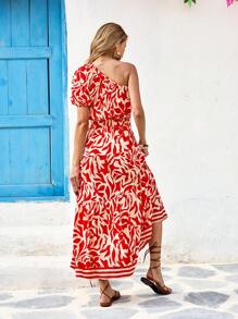 SHEIN VCAY 梭织印花单肩紧身女式长裙春夏装、夏装、情人节、女士度假装、女士沙滩装、节日、浪漫优雅服装、波西米亚风、波西米亚风、甜美、狂欢节装扮、热带度假女装、狂欢节 - 紅白色 - 查看 2
