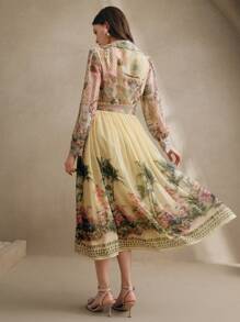 Anewsta Vestido largo con cintura definida, de manga larga y estampado floral bohemio, atuendo de primavera para vacaciones