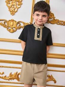 2-Packs Young Boy Casual Sports College Art Retro Half-Length Black T-Shirt And Khaki Shorts Set With Ribbons Suitable For Daily Use,School,Travel - Black - View 3