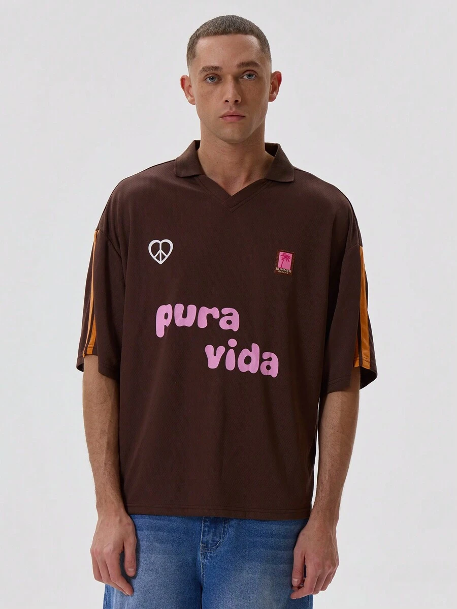 Musero V Neck Collared Oversized Short Sleeve Drop Shoulder Jersey Style Top "" Graphic Print Tshirt Spring Summer Essentials - Rust Brown - View 1