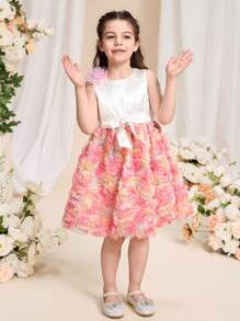 SHEIN 年轻女孩花卉装饰拼色优雅连衣裙 - 粉色 - 查看 4