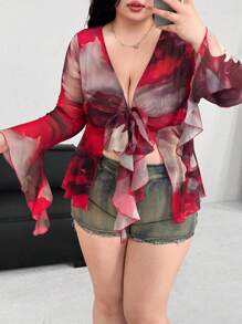 Flirla 大码浪漫系带长袖简约衬衫，休闲度假装 - 彩色 - 查看 3