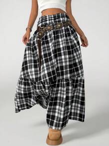 SHEIN Tween Girls Spring/Summer Plaid Print High Slit Ruffle Hem Skirt - Black - View 4