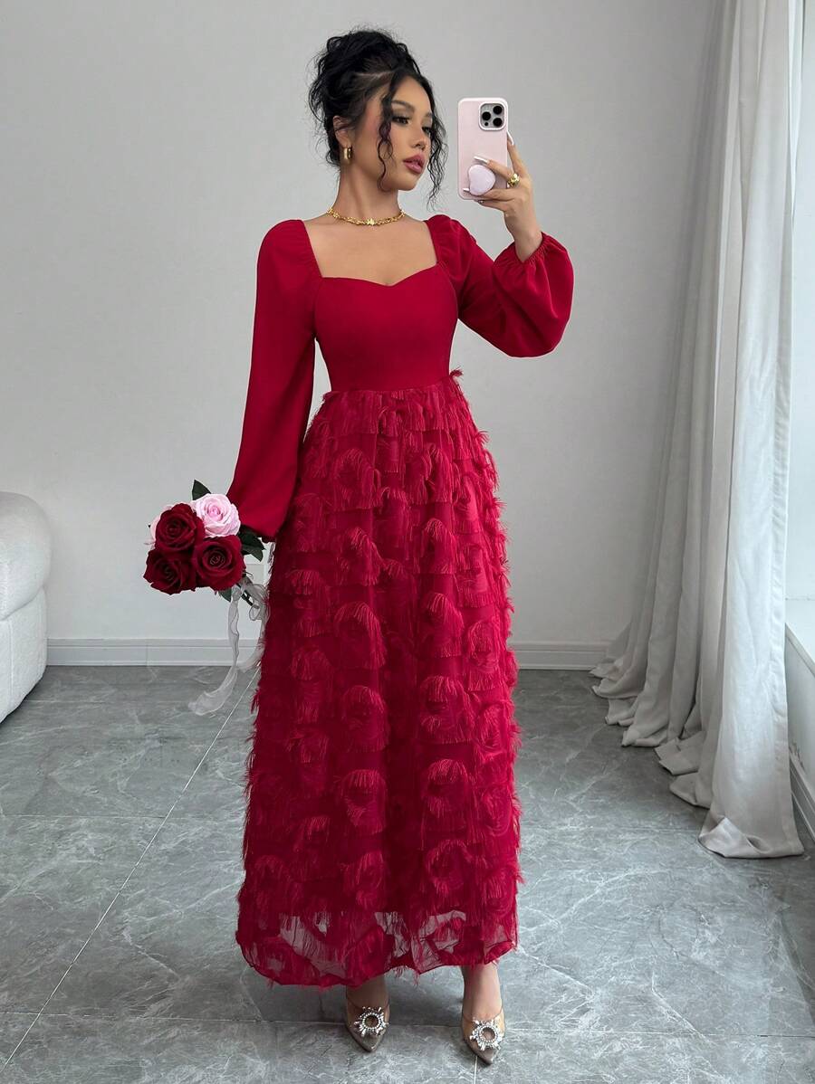 Modelyn Women's Knit Red Long Sleeve Patchwork Long Dress