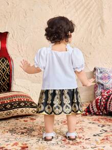Babygirl קיץ מתוק לבן חולצה קצרה וחצאית מיני בדוגמת זהב יוקרתית 2 חלקים סט - שחור ולבן - ראה 2