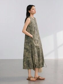 Dazy-Less 女式亚麻扎染印花休闲宽松抽绳系腰中长连衣裙夏季 - 橄欖綠 - 查看 6