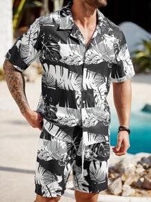 ResortEase Plus Size Men's Tropical Print Short Sleeve Shirt & Shorts 2 Pieces Set, Casual Resort Wear