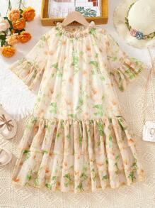 SHEIN Vestido de Bruxa de Chifom com Estampa Floral Pequena Elegante, Verão