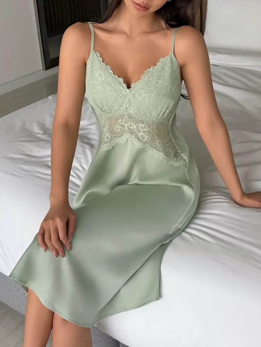 DAZY Semi-Sheer Lace Patchwork Satin Camisole Nightgown, Pajama - Green - View 1