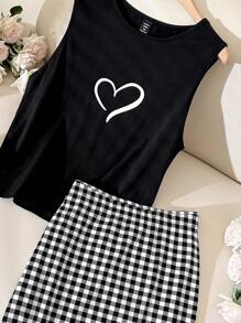 SHEIN Frenchy Plus Size Women's Spring And Summer Fashion Casual Comfortable Daily Love Print Tight Vest And Plaid Hip Skirt Black And White Two-Piece Set,Summer Outfits For Women,Curve Vacation Set,Mom And Daughter Clothes