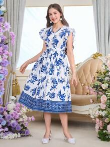 Teen Girl Elegant Holiday Floral Print Ruffled Collar Cap Sleeve Waisted Short Summer Vacation Dress,Holiday,Summer,Travel - Royal Blue - View 5