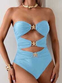 Swim Chiccia 1 件女式纯色褶皱镂空抹胸性感连体泳衣，适合夏季海滩度假 - 薄荷藍 - 查看 4