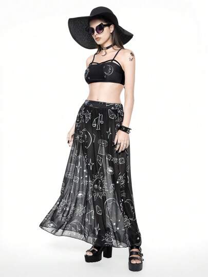 Goth Set da 3 pezzi di costumi da bagno da donna, bikini con grafica dipinta a mano a luna e stelle, con reggiseno, slip e gonna lunga coprente, adatto per spiaggia e vacanze estive, Ognissanti