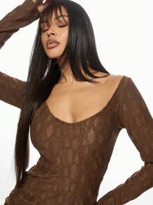 MISSGUIDED Elegant Lace Long Sleeve Bodycon Mini Dress Scoop Neck Party Club Night Out Dress See-Through Stretch Form-Fitting Evening Dance Dress