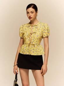 Poéselle Women's Front Tie Short Sleeve All-Over Floral Print Casual Shirt, Daily Wear,Romantic Tops,Going Out Tops Women,Summer Outfits For Women,Cute Summer Tops