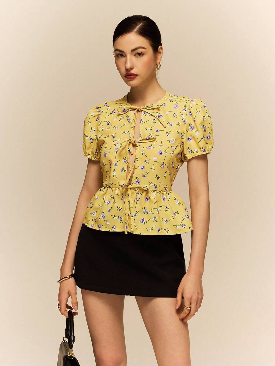 Poéselle Women's Front Tie Short Sleeve All-Over Floral Print Casual Shirt, Daily Wear,Romantic Tops,Going Out Tops Women,Summer Outfits For Women,Cute Summer Tops