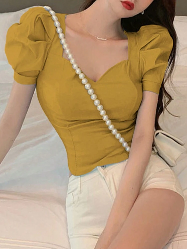 Women's Solid Color Puff Sleeve Short Square Collar Blouse Summer