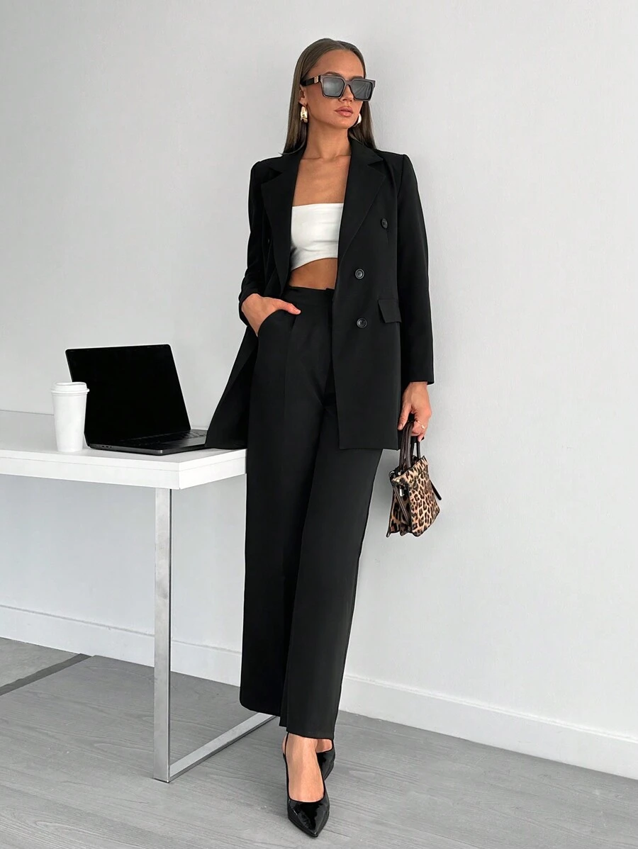 EURMUSE Elegant Style, Premium Quality, Double Breasted Jacket With Straight Fit Pant Set - Black - View 1