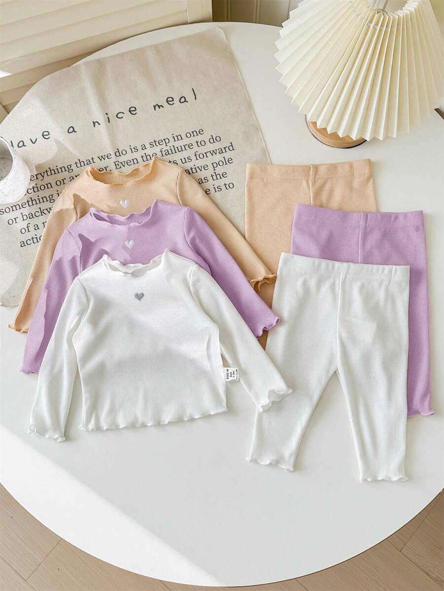 SHEIN 6 件套新生女婴可爱针织纯色长袖上衣和松紧腰长裤套装 - 彩色 - 查看 1