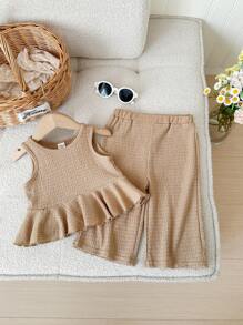 Bộ quần ống rộng lưng chun co giãn màu trơn mùa hè cho bé gái - Màu Khaki - Xem 3