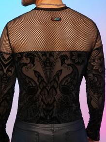 FeverCity Men's Lace Contrast Mesh Round Neck Slim Fit T-Shirt